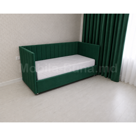 Pat pentru copii Box Line verde smarald 90×200 cm cu trei spătare tapițate